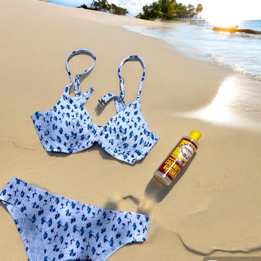 Blue and white seersucker bikini